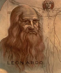 Porträtt av Leonardo da Vinci med sin "vitruvianska man"